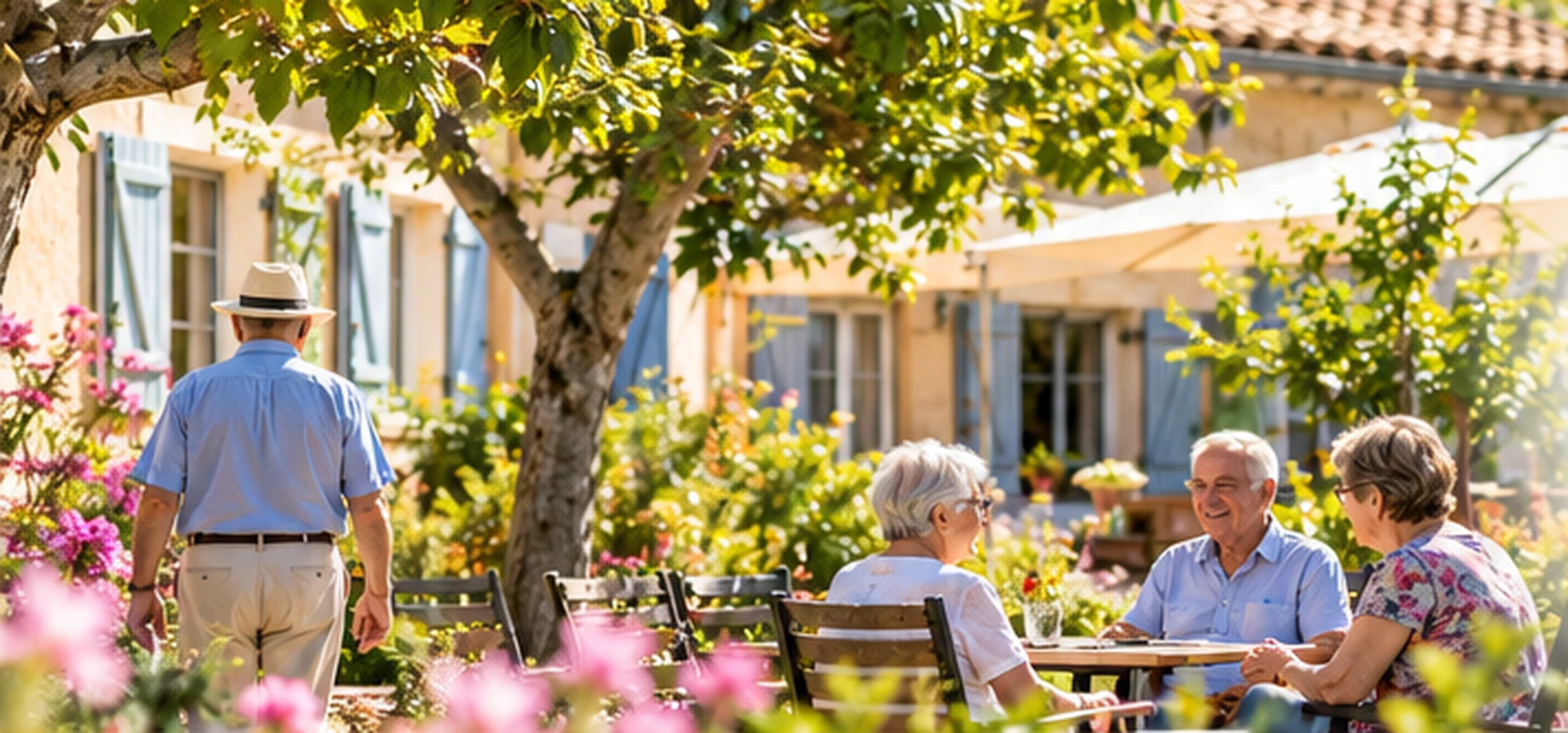 Illustration : au jardin par une belle journée, un homme au chapeau s’éloigne tandis que trois personnes sans chapeau discutent à une table.