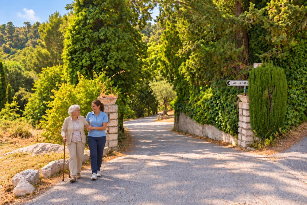 Illustration de l’entrée de la résidence : deux piliers sous les arbres, panneau Les Genêts à droite et promenade d’une résidente avec une professionnelle à gauche.