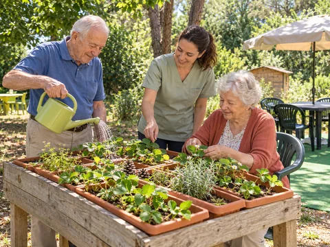 Scène illustrative : un résident et une résidente participent au petit potager, accompagnés par une psychomotricienne