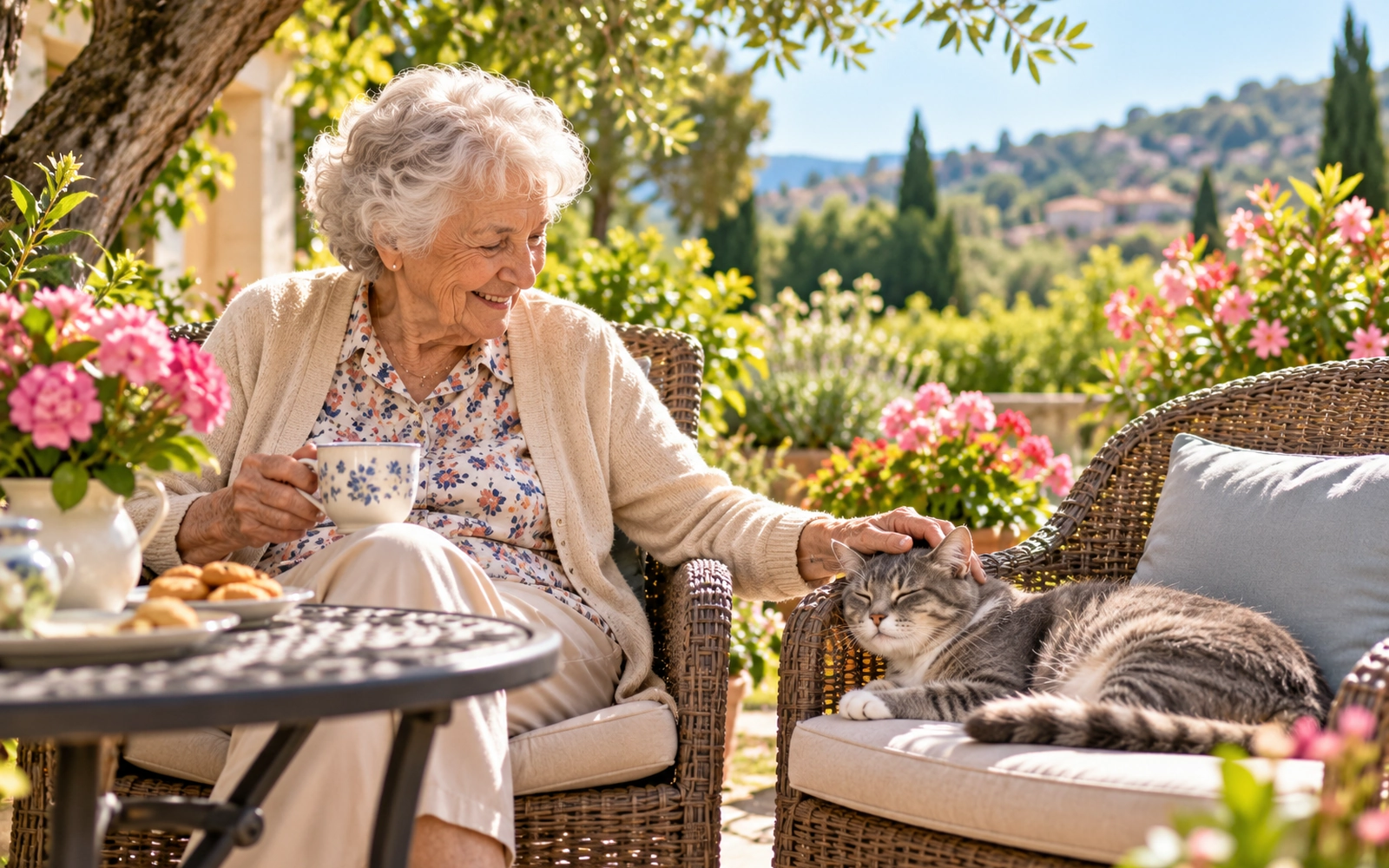 Scène illustrée : un chat gris auprès d’une résidente au jardin