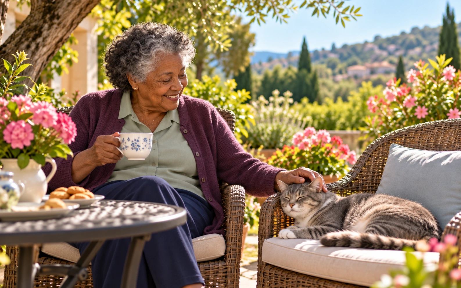 Scène illustrée : un chat gris auprès d’une résidente au jardin