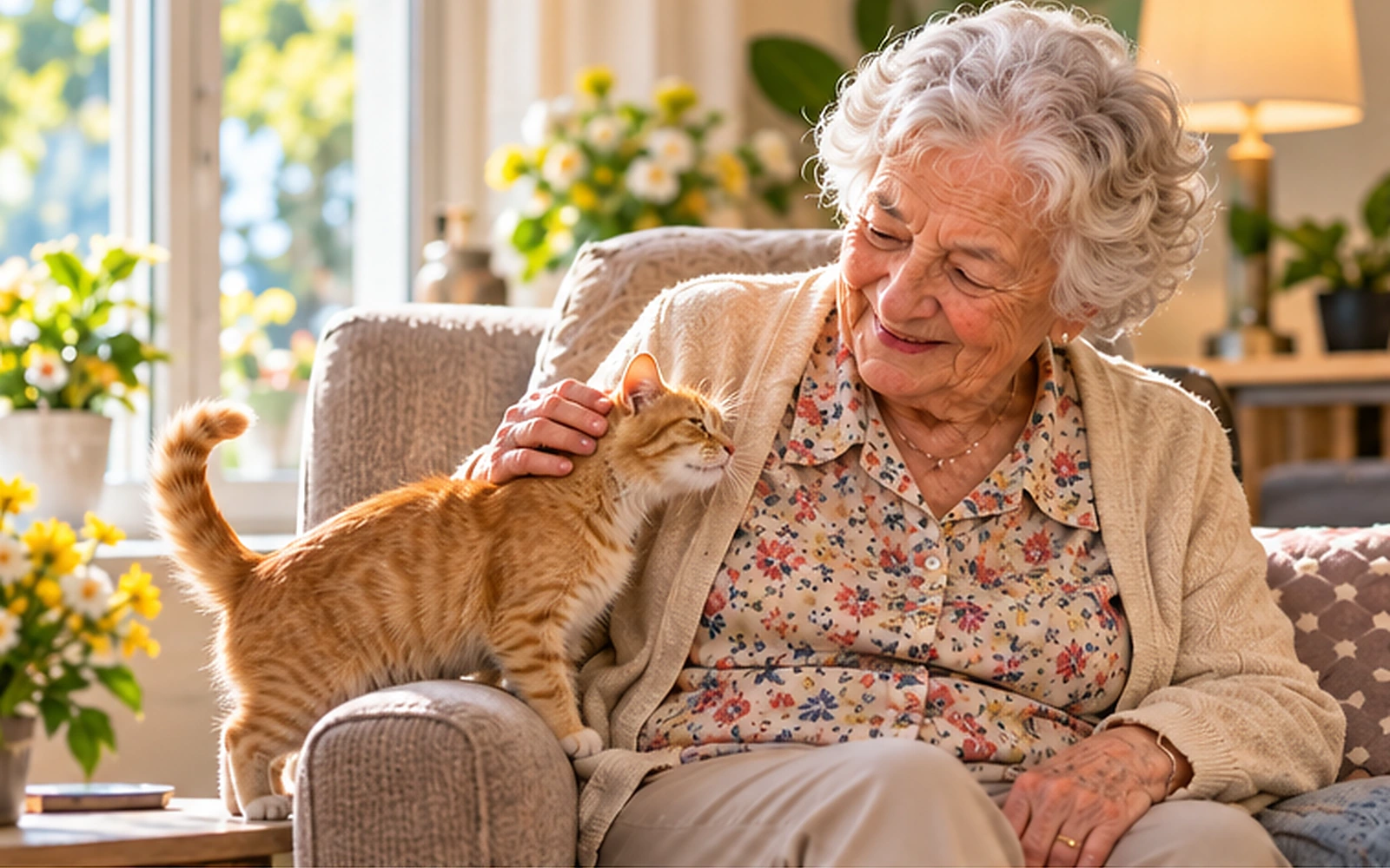 Scène illustrée : une résidente caresse un chat roux au salon
