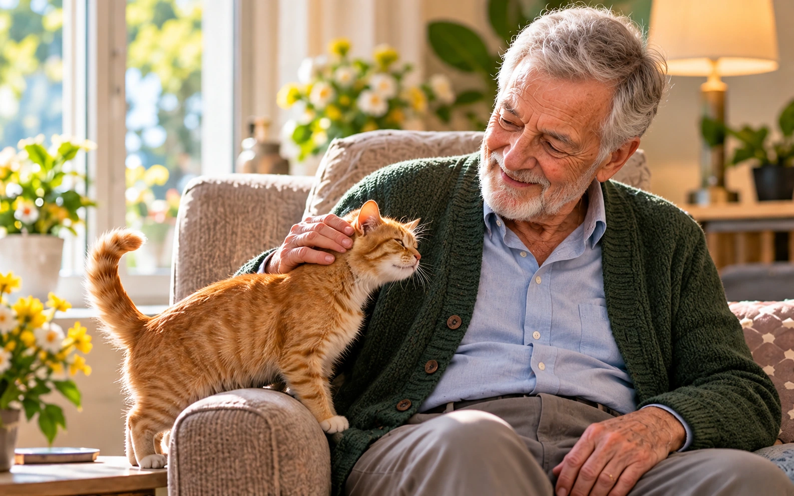 Scène illustrée : un résident caresse un chat roux au salon
