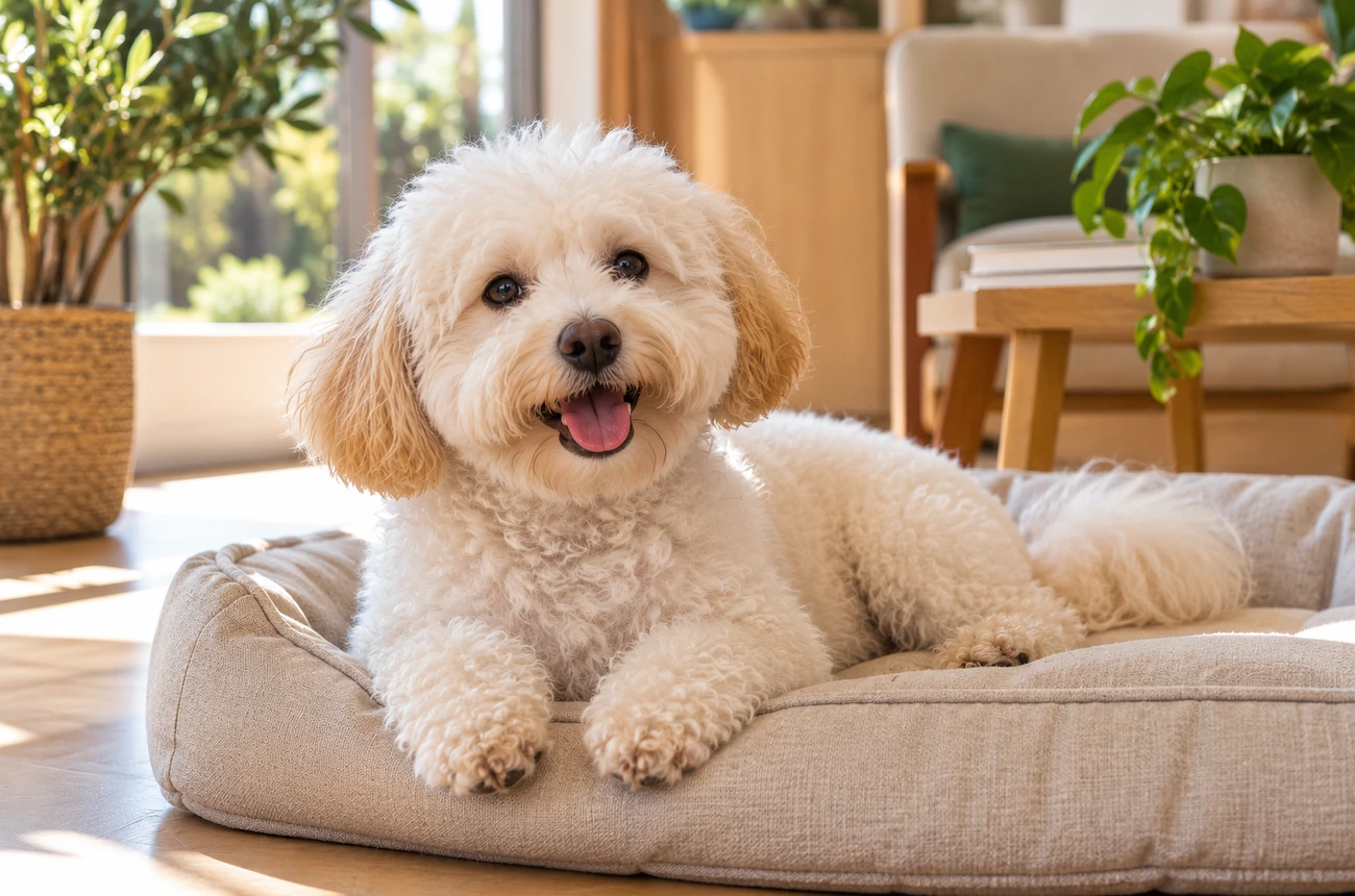 Illustration photographique d’un petit chien blanc au repos sur son coussin dans une pièce lumineuse