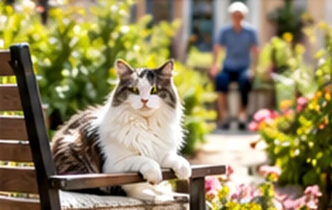Un chat installé sur une chaise dans le jardin — illustration
