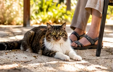 Un chat auprès d’une personne au jardin — illustration