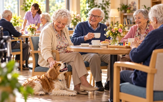 Scène fictive de convivialité avec des résidents et un chien